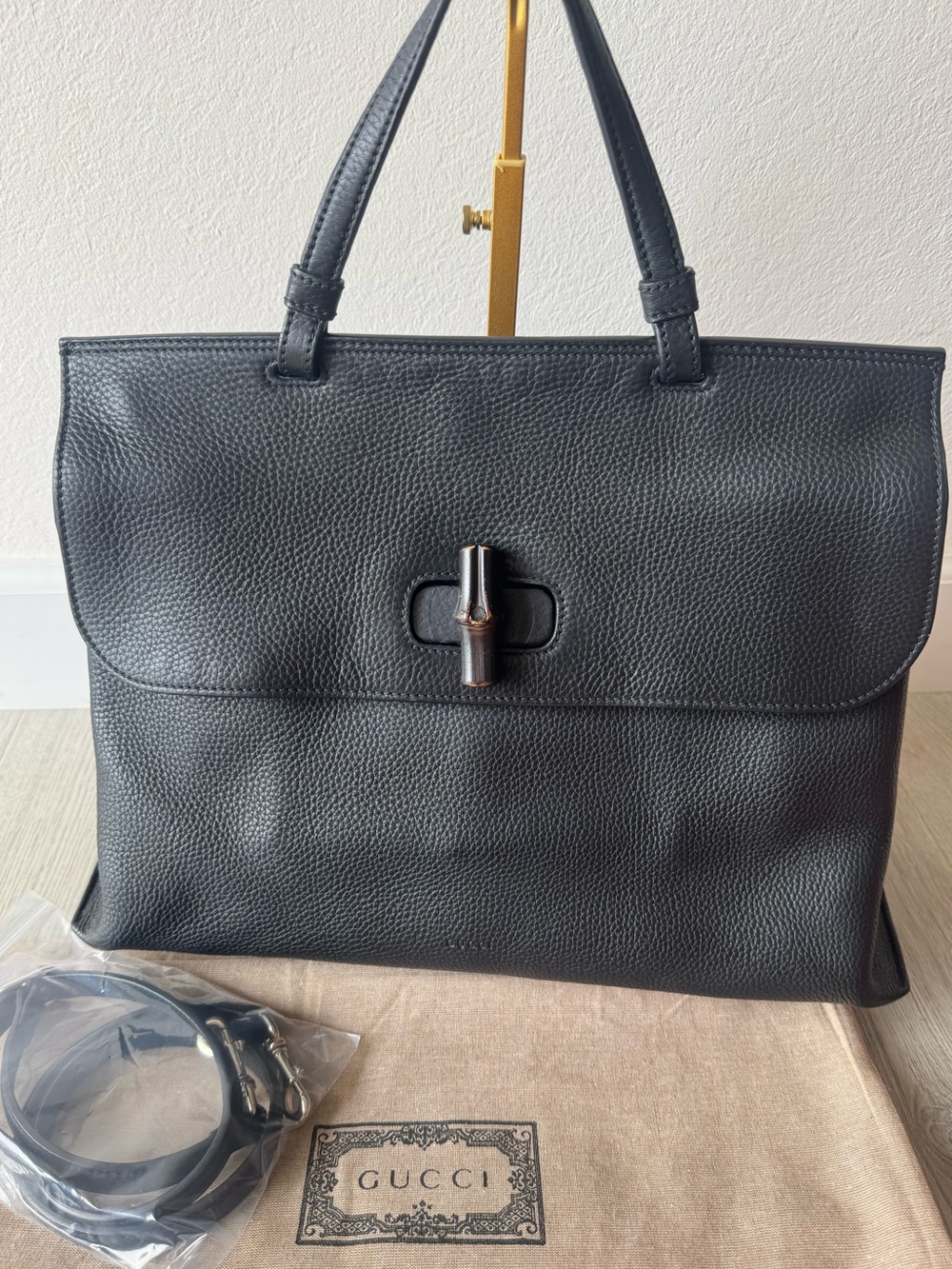 Gucci Large Daily Black Pebbled Leather Bamboo-Accent Top-Handle